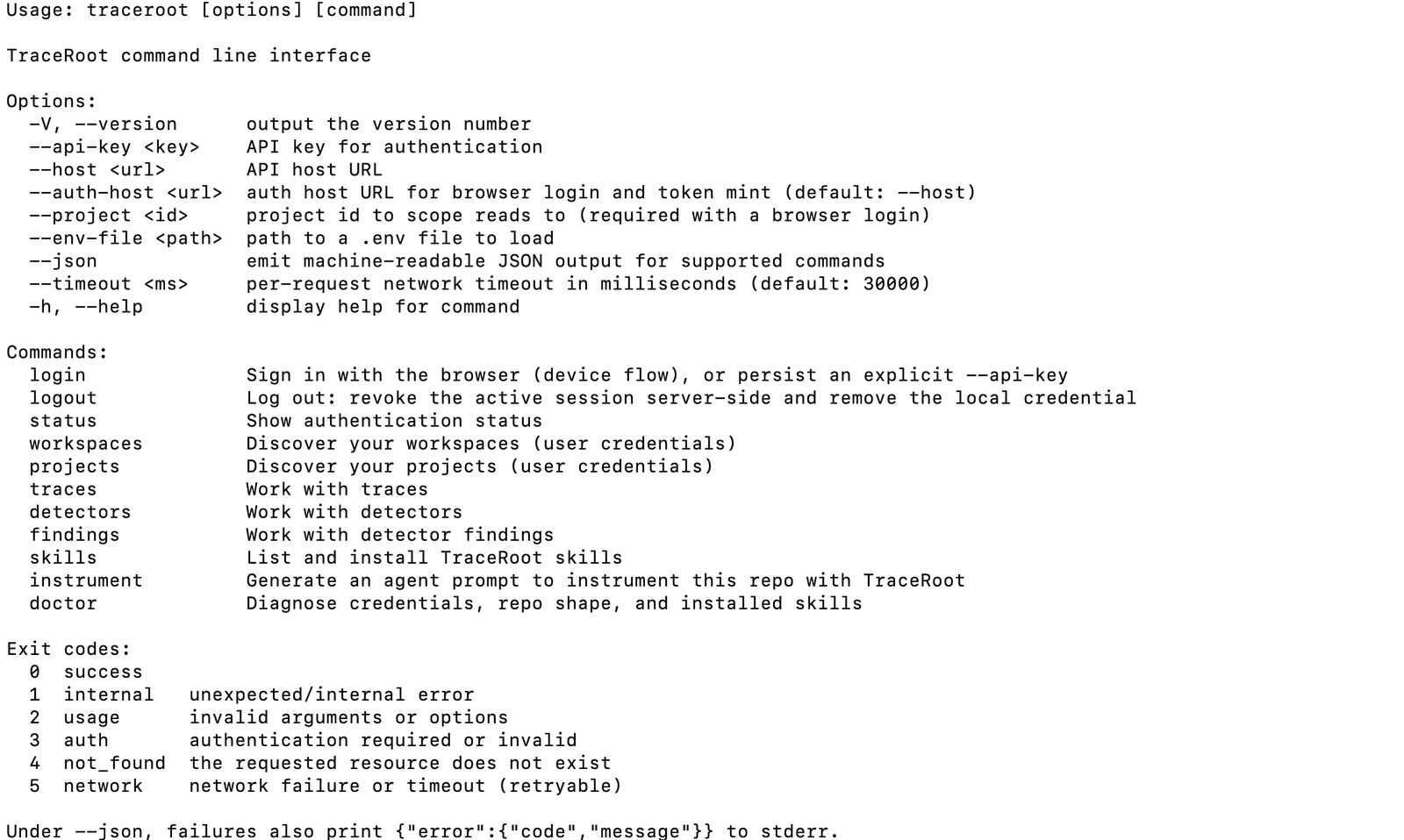 traceroot --help, listing every option, command, and exit code.