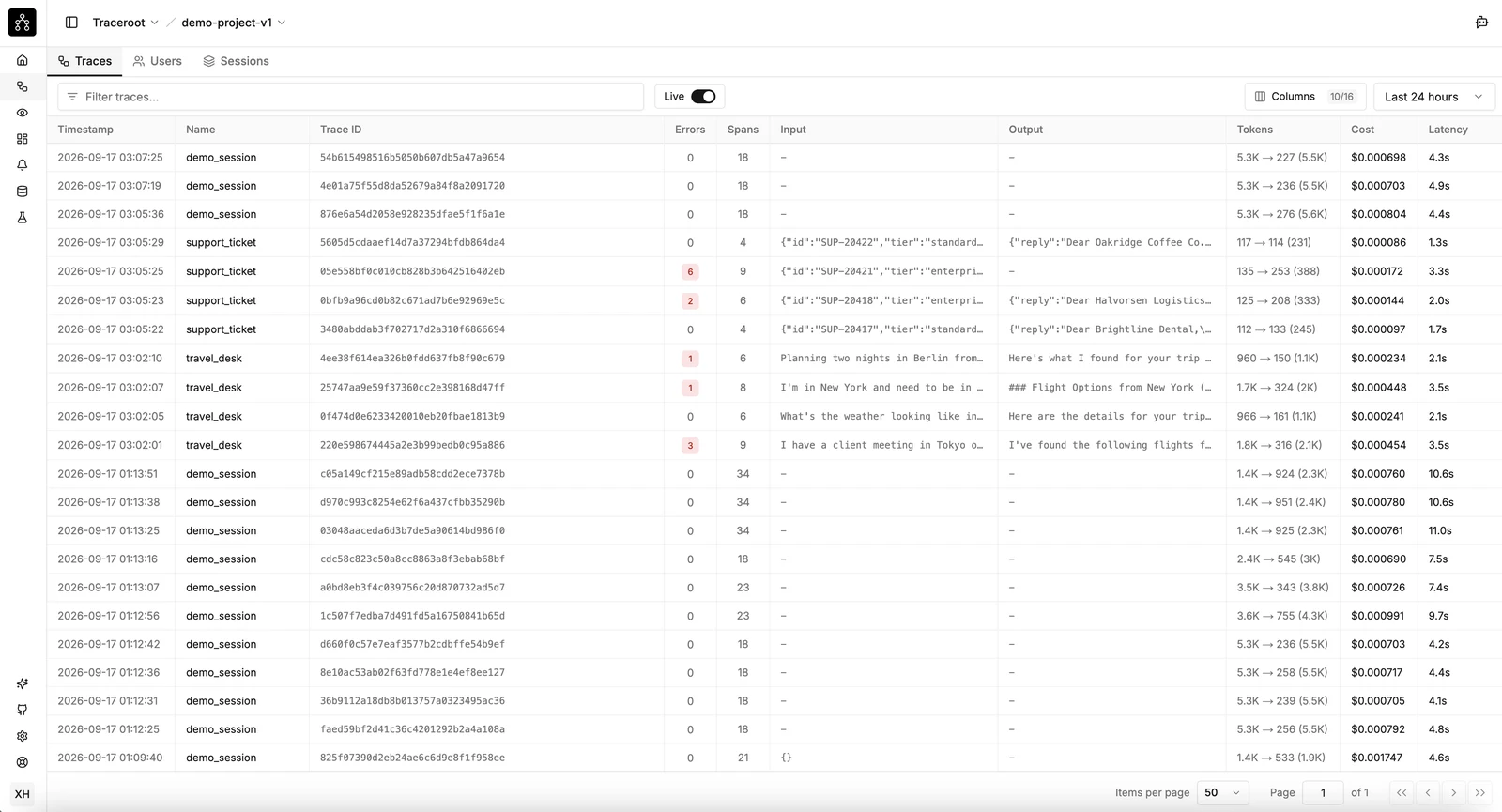 TraceRoot trace list with several failing agent runs.