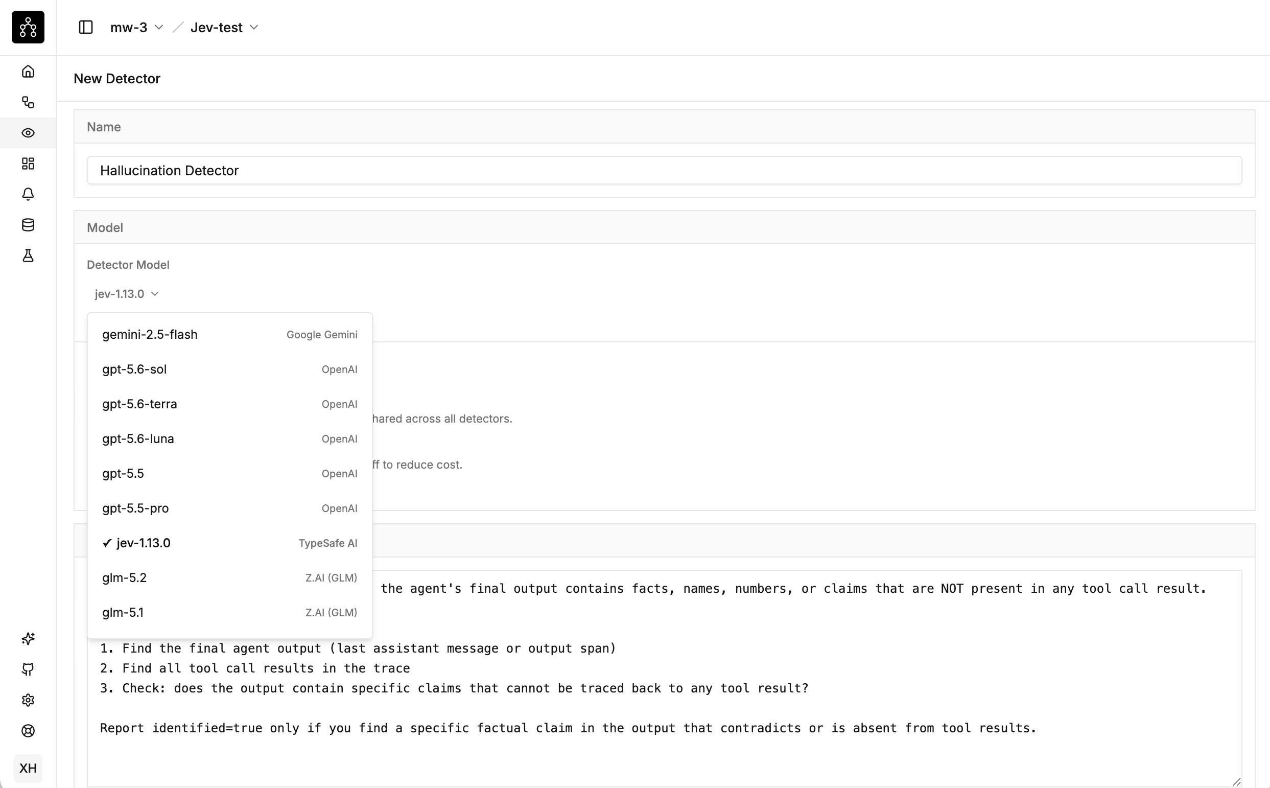 Jev 1.13.0 selected as the model for a hallucination detector in TraceRoot.