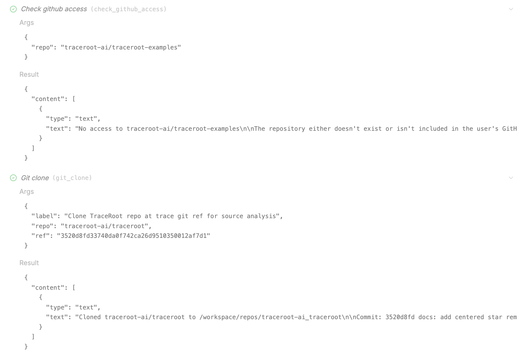 The agent reports missing access to traceroot-examples, then clones the TraceRoot repository at the trace Git ref.