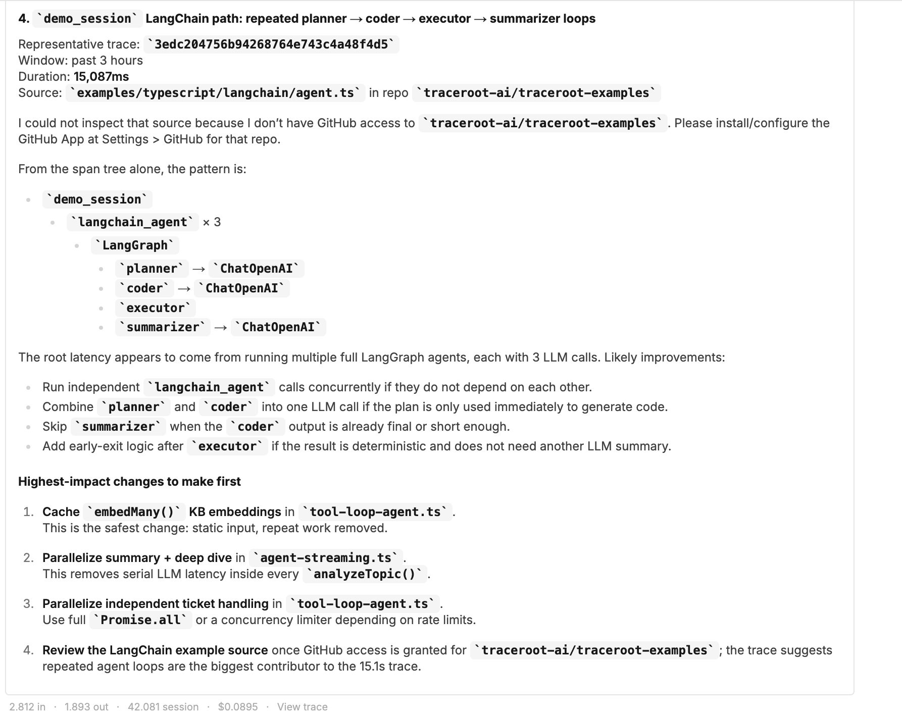 The agent distinguishes a LangChain analysis based only on spans from source-backed recommendations to cache embeddings and parallelize independent work.