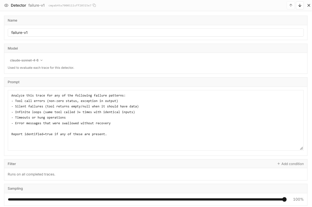Detector editor showing the model, prompt, filter and sampling controls.