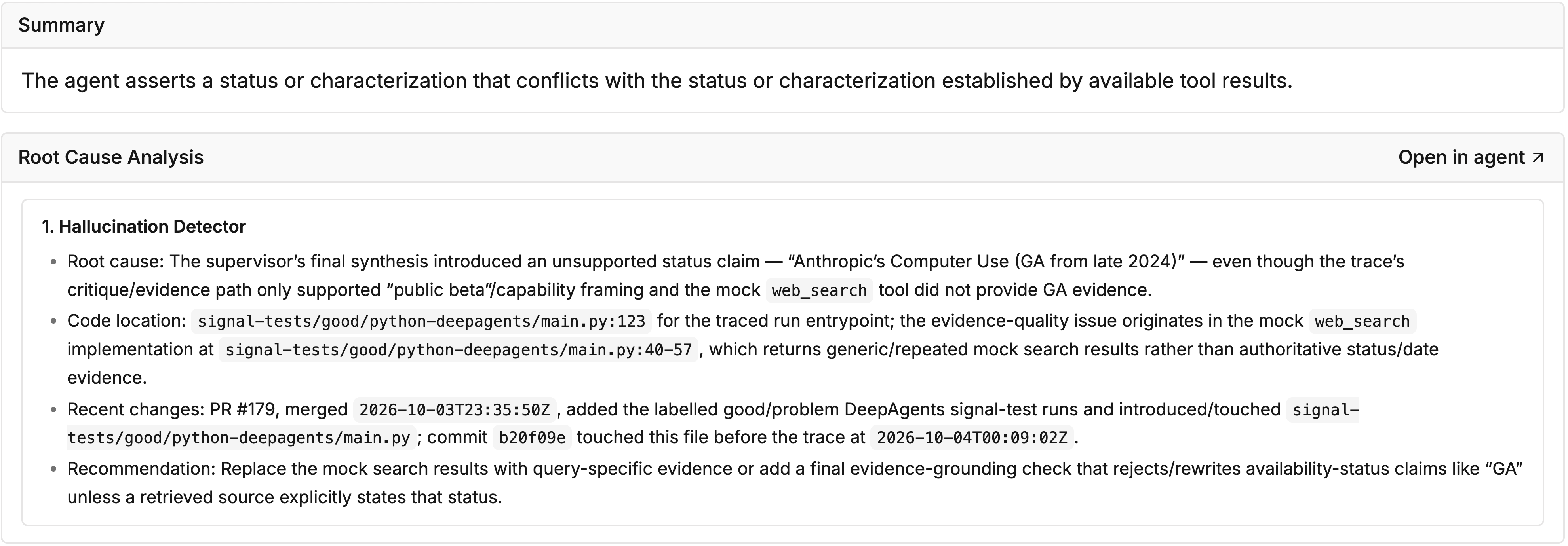 Signal summary and root cause analysis identifying an unsupported availability claim.