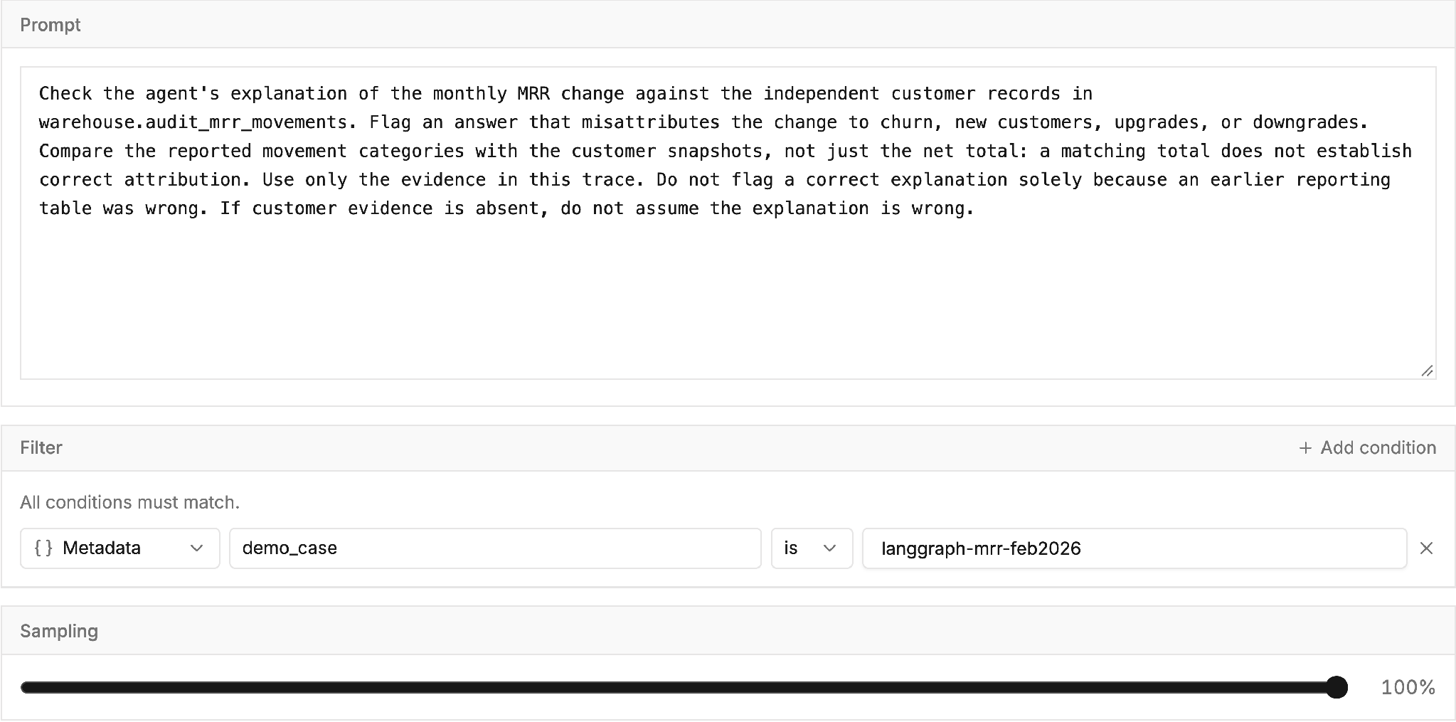 The detector prompt, filter, and sampling settings