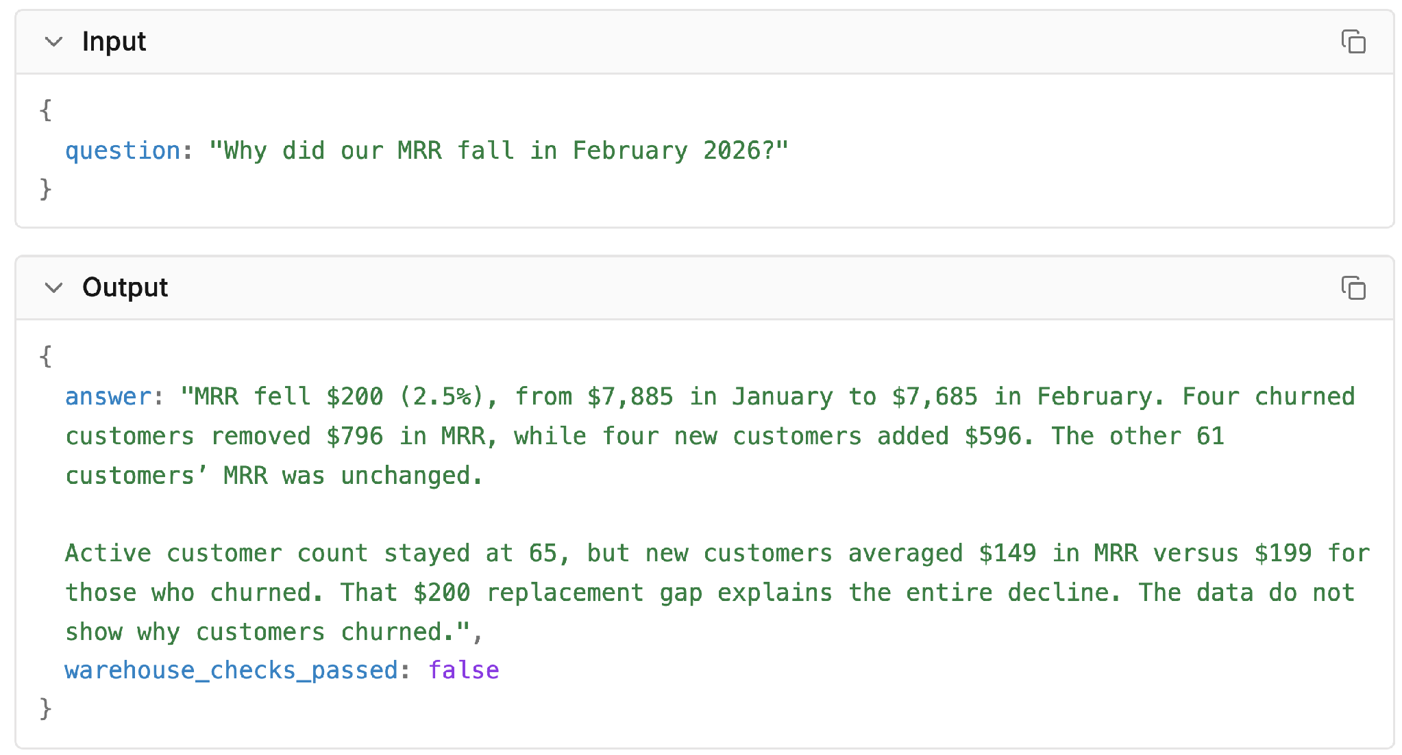 The agent's answer attributes the MRR drop to churn and cheaper new subscriptions.