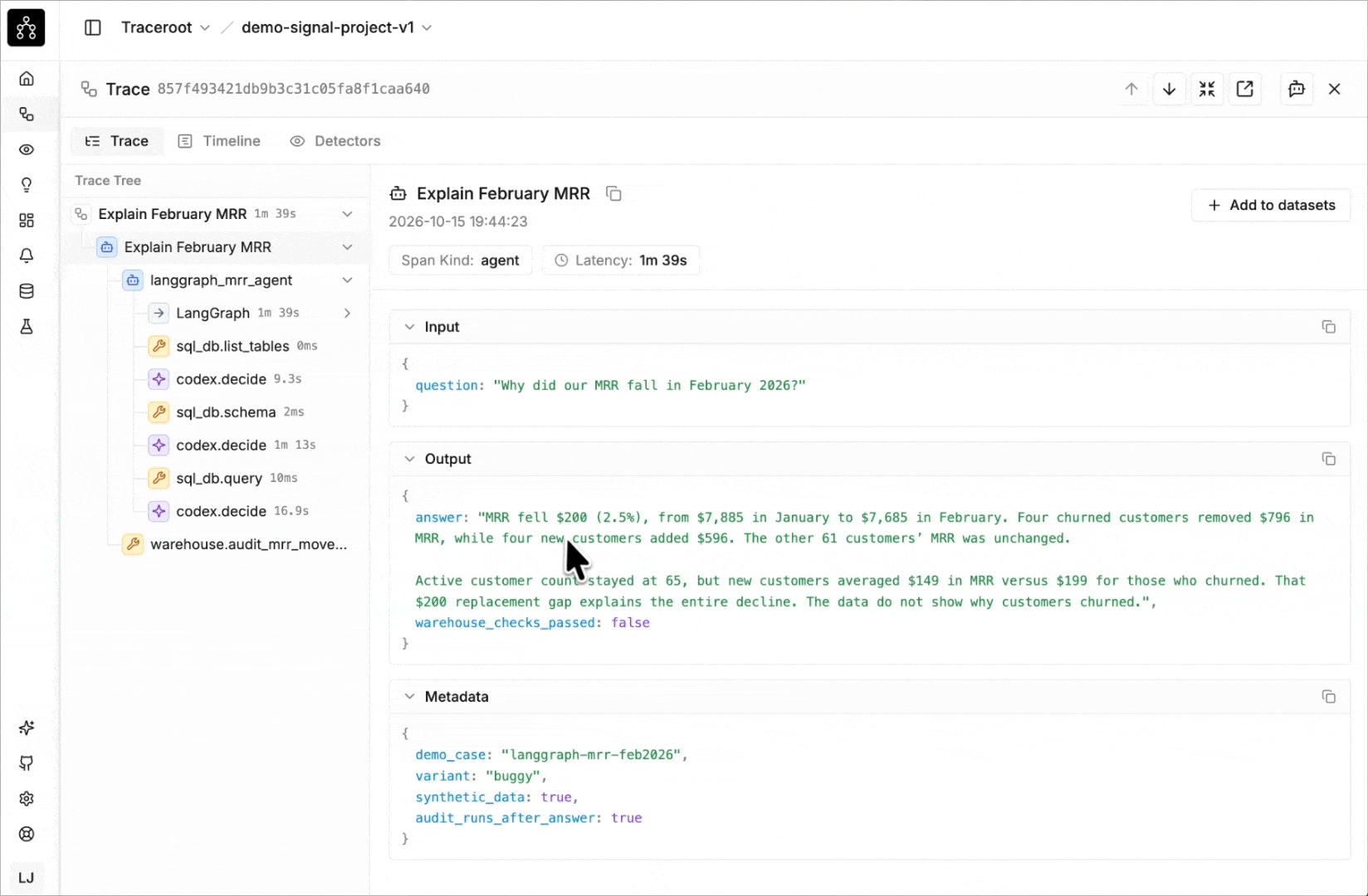 Opening the SQL query span in TraceRoot to inspect the query and returned MRR rows.