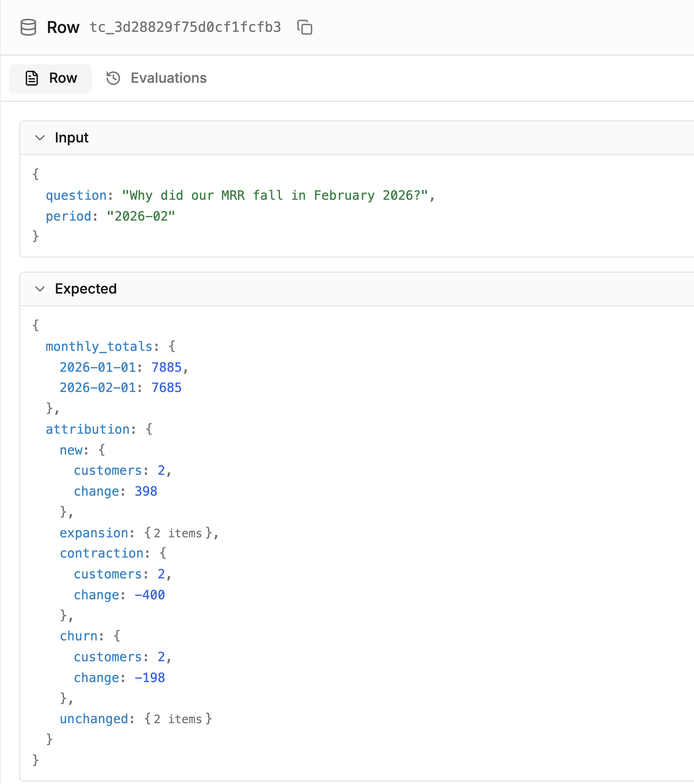 Saved evaluation case with the question and expected MRR movement breakdown
