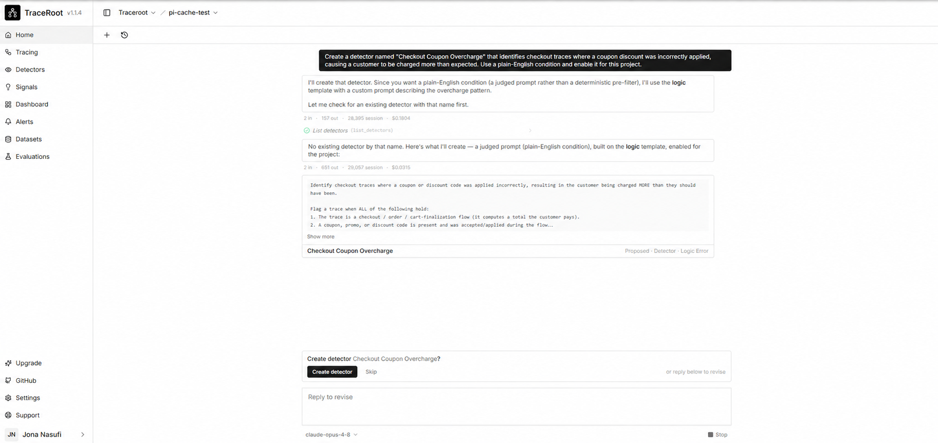The in-app agent awaiting approval before creating a detector.