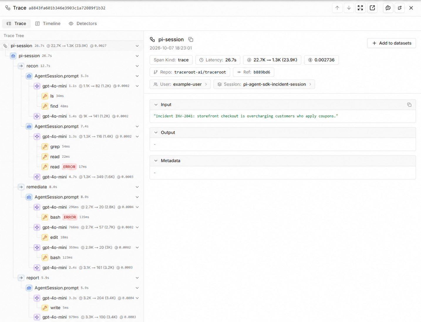 A pi session trace with recon, remediate and report phases, model calls and tool calls.