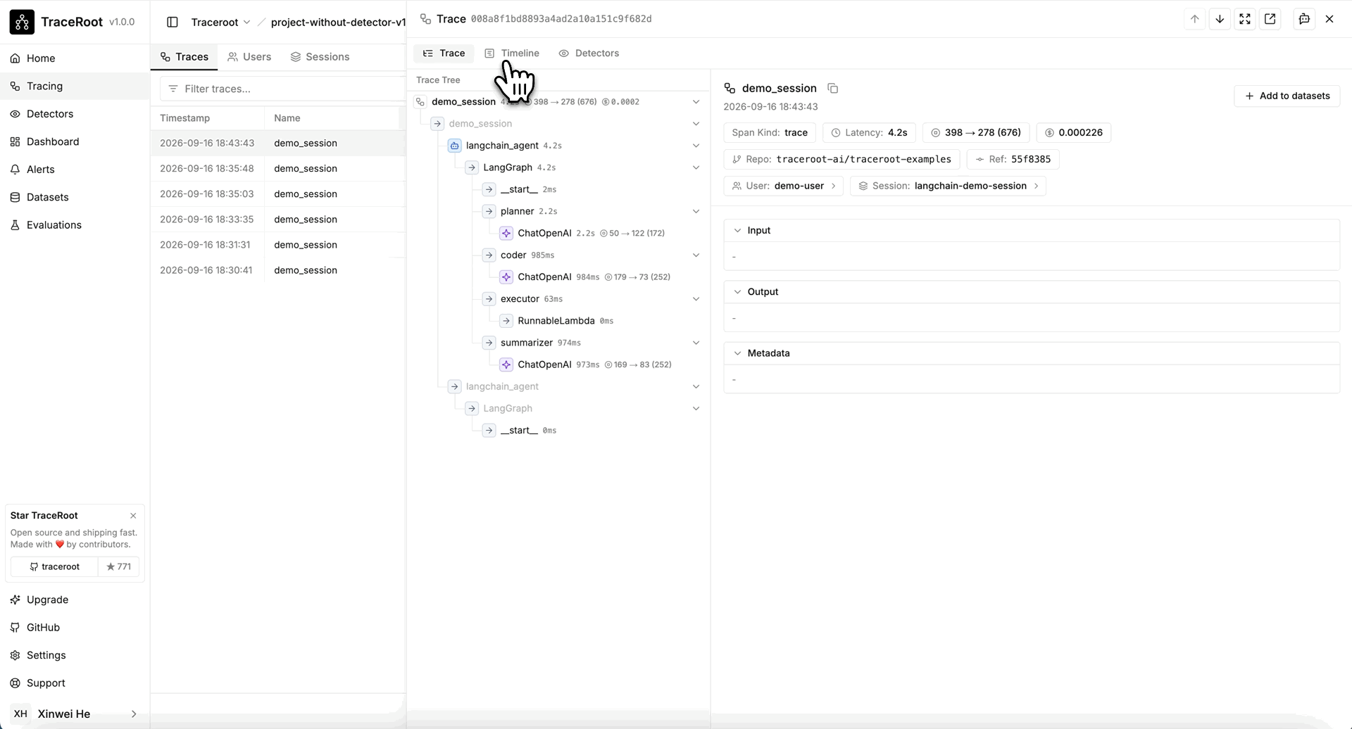 TraceRoot Timeline showing span durations on a shared time axis.