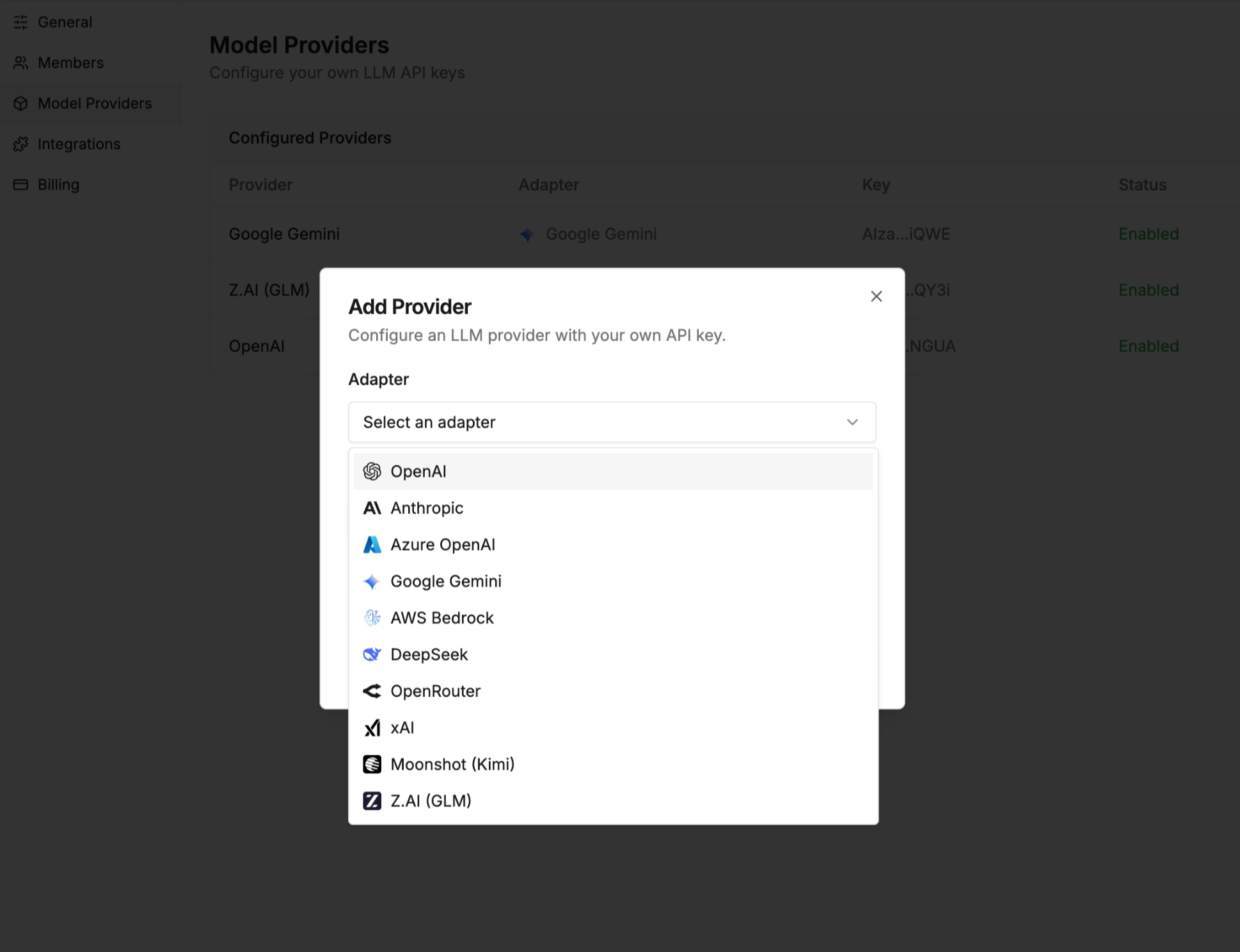 Select a model provider in TraceRoot workspace settings.
