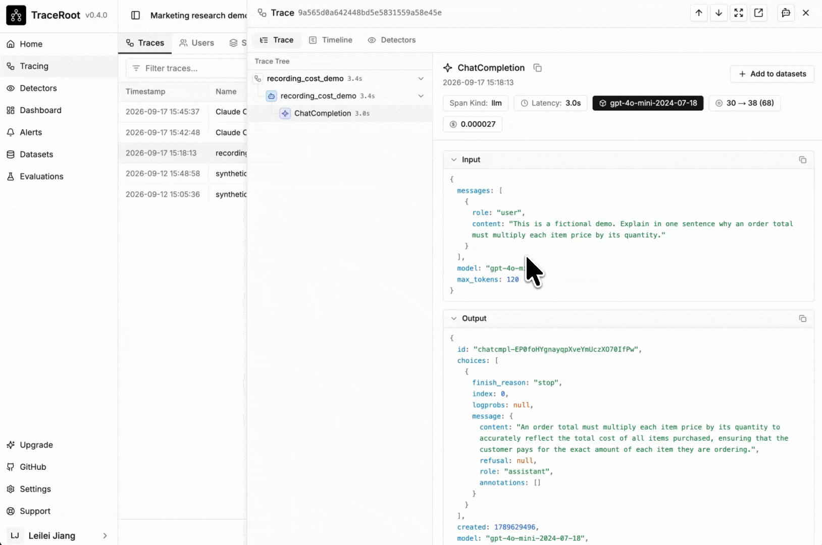 Opening the token usage breakdown for a model call in TraceRoot.