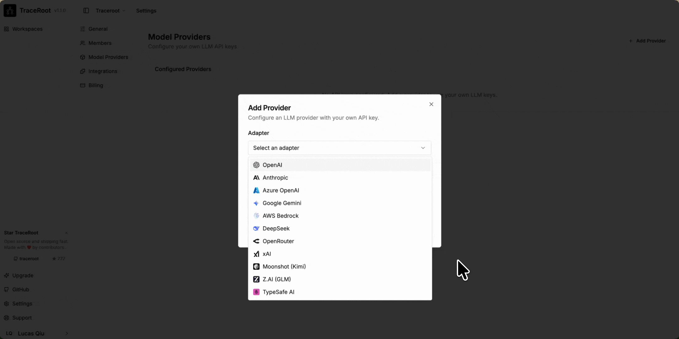 Connecting TypeSafe AI and selecting Jev as a detector judge in TraceRoot.