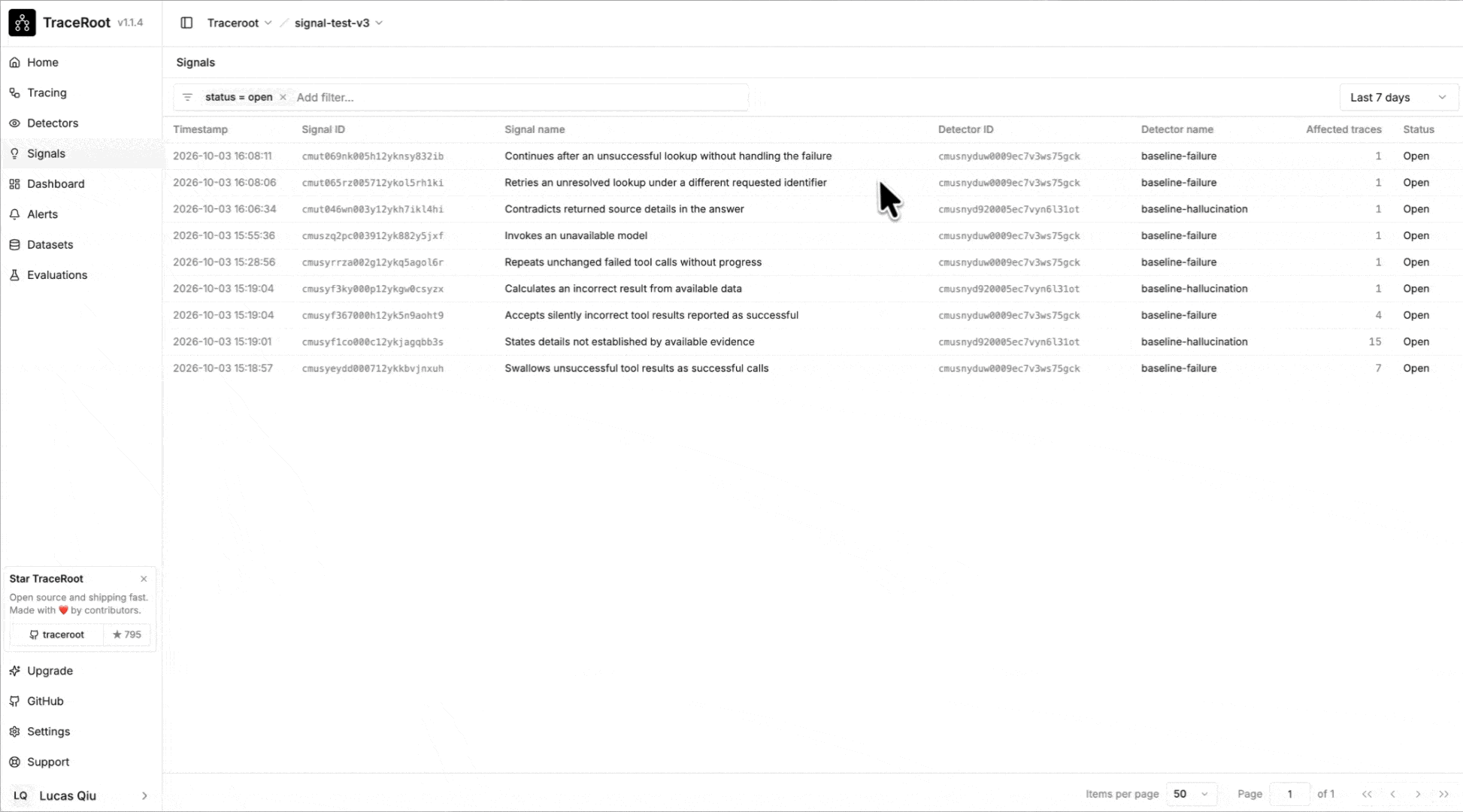 Open a signal from the Signals list to read its root cause analysis and see how many traces it affects.